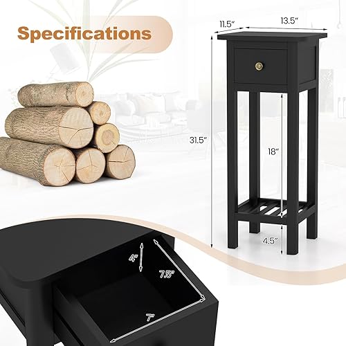 Miniatura 25 de Tangkula Mesa auxiliar estrecha, mesa auxiliar pequeña para espacios pequeños, mesita de noche delgada de madera de acacia de granja con cajón y