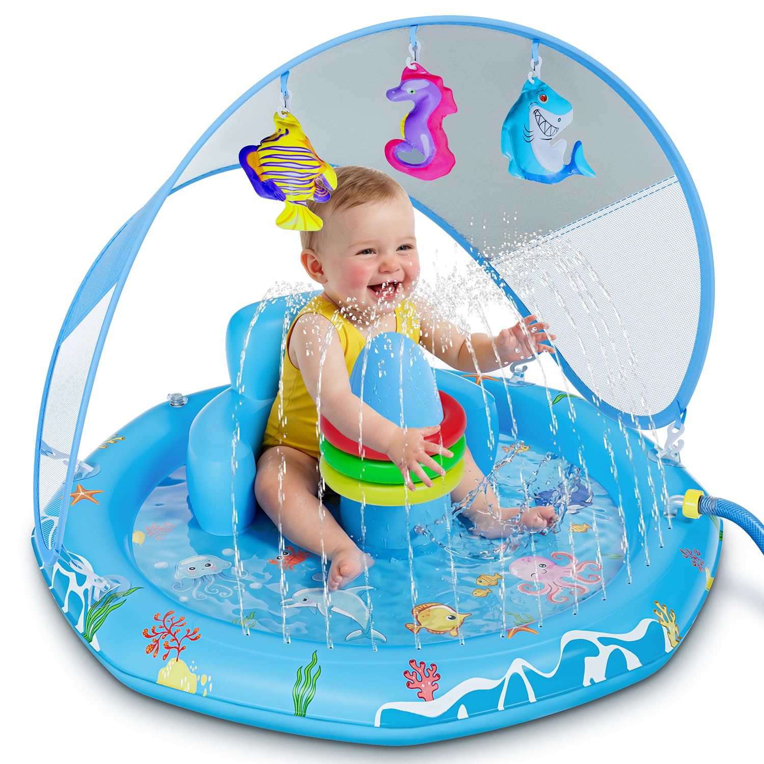 Photo 1 of Verdenu Baby Splash Pad, Baby Pool Float with Canopy, Splash Pad with Backrest & Stackable Rings for Toddlers, Summer Outdoor Water Play Toys for Boys Girls