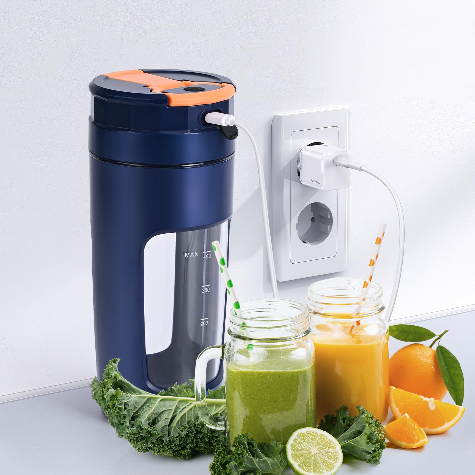 Lekki Przenośny Blender, ręczny mikser do owoców o pojemności 600 ml, mocny bezprzewodowy mini blender, z możliwością ładowania, smoothie, koktajle białkowe, kruszy lód i mrożone owoce (Niebieski)