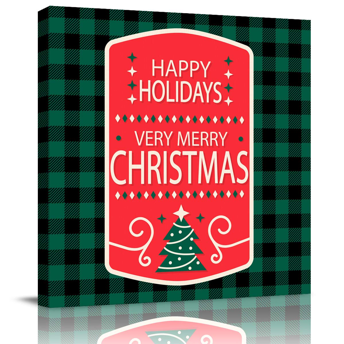 12x12 Inch Wall Prints Giclee Canvas Painting - Merry Christmas Xtmas Tree Green Plaid Background Painting Pictures Print on Canvas Framed Wall Art Modern Artwork for Home Decorations
