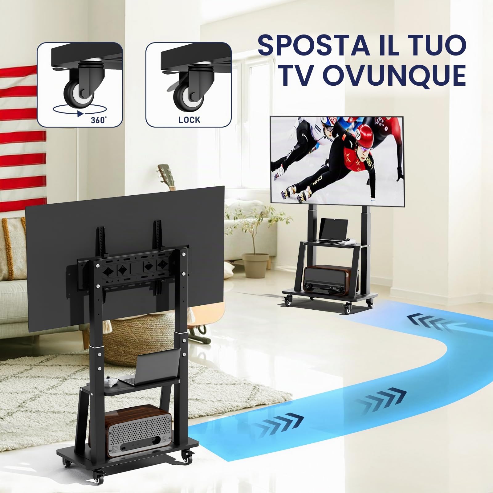 Porta tv da terra mobile Supporto per TV portatile su ruote da 32 a 75 pollici, supporto TV mobile con ripiano, regolabile in altezza, supporta fino a 130 lbs, Vesa 600×400