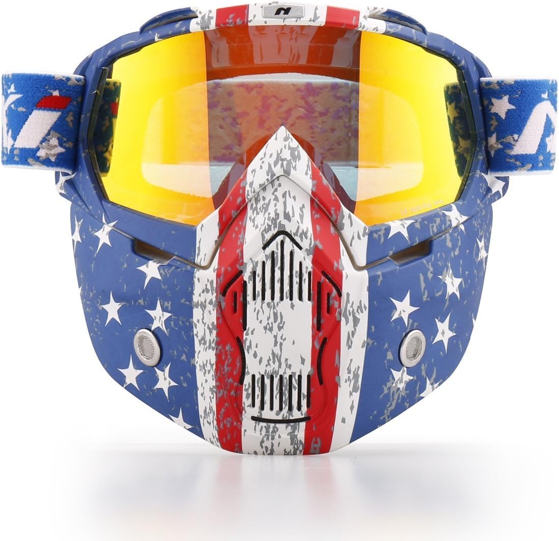 Motorcycle Goggles Mask NK-1019US For 3/4 Motorcycle helmets And Retro Harley helmet, Detachable Mask, US Flag Style | Patriot Graphic(Irridium Red Lens)