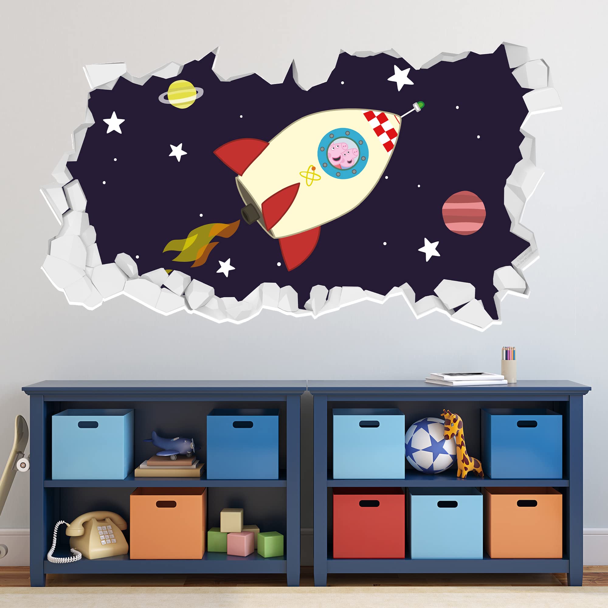 Themed Pink Peppa Pig Wall Sticker - Peppa And George Space Rocket Broken Wall Decal Kids Art (90Cm Width X 50Cm Height)