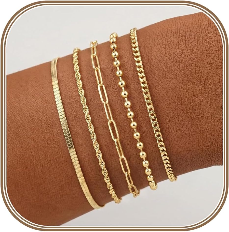 Gold Bracelets for Women, 14K Real Gold Dainty 7" +2" Adjustable Multilayer Trendy Bracelets Set for Women Waterproof Inclued Beaded, Cuban, Paperclip, Snake, Rope, Figaro, Mirror, Satellite