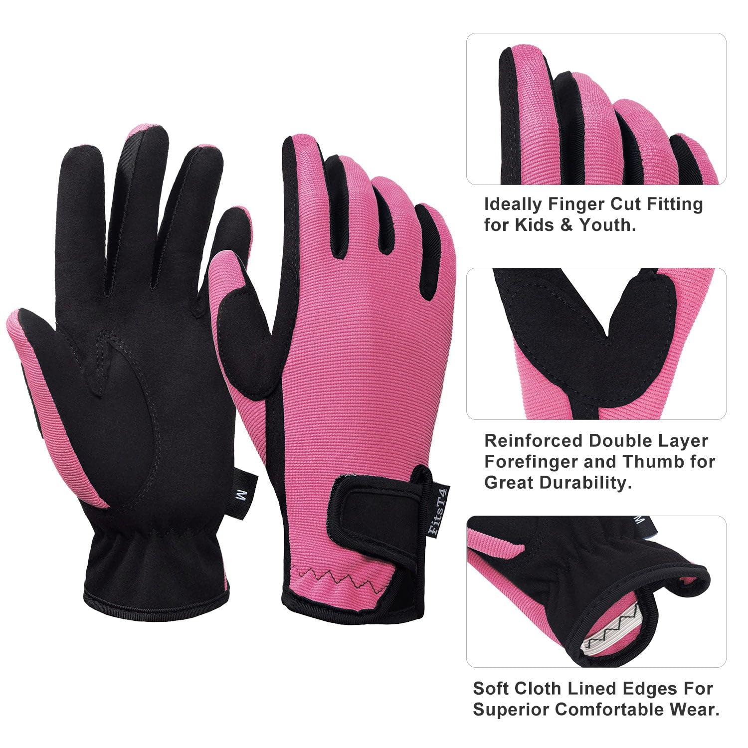 FitsT4 Grip Gants d'équitation pour Enfant Fille garçon 5-14 Ans pour l'équitation, Le Cyclisme, Le Jardinage, en 3 Couleurs
