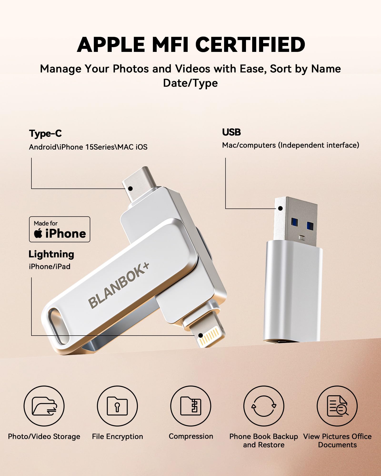 Memoria USB C de 256 GB con certificación MFi para iPhone, memoria USB C de alta velocidad, almacenamiento de fotos para iPhone/iPad/Android/PC