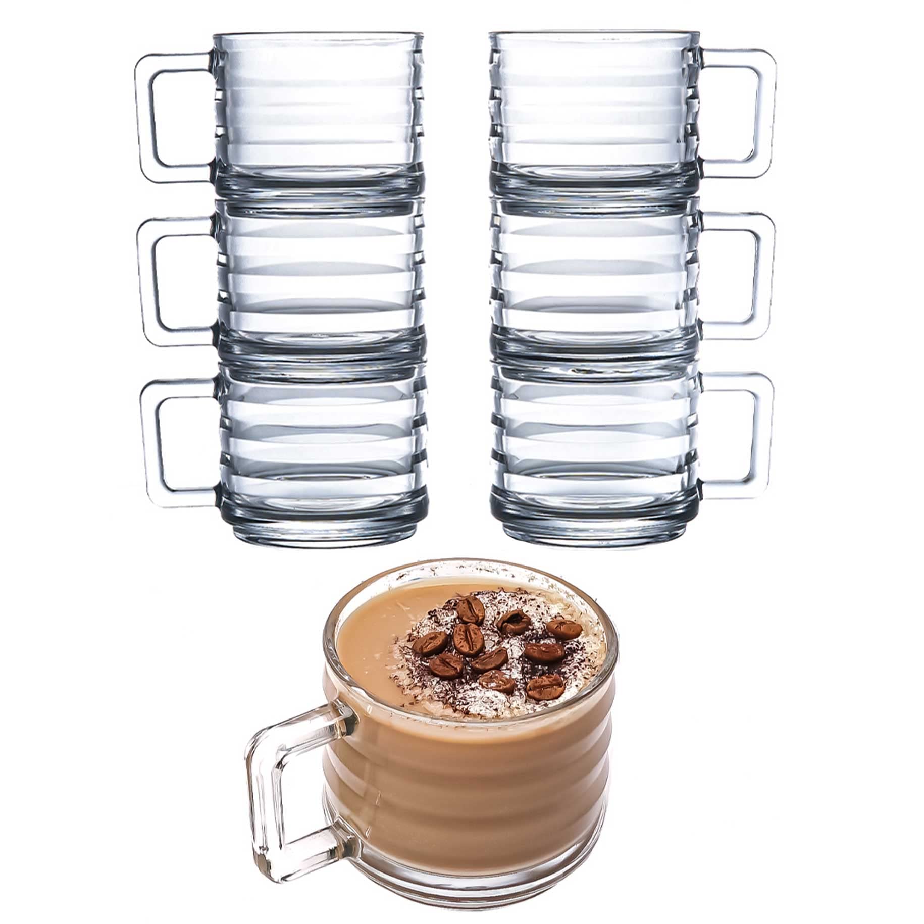 Stackable Coffee Cup Set, Fully Tempered Coffee Mug With Handle, Tea Cup Set, Cappuccino Cup, Ribbed Glassware, Vintage Glass Coffee Mugs, Turkish Coffee Cup Set (250cc/8.5oz) (Set of 6)
