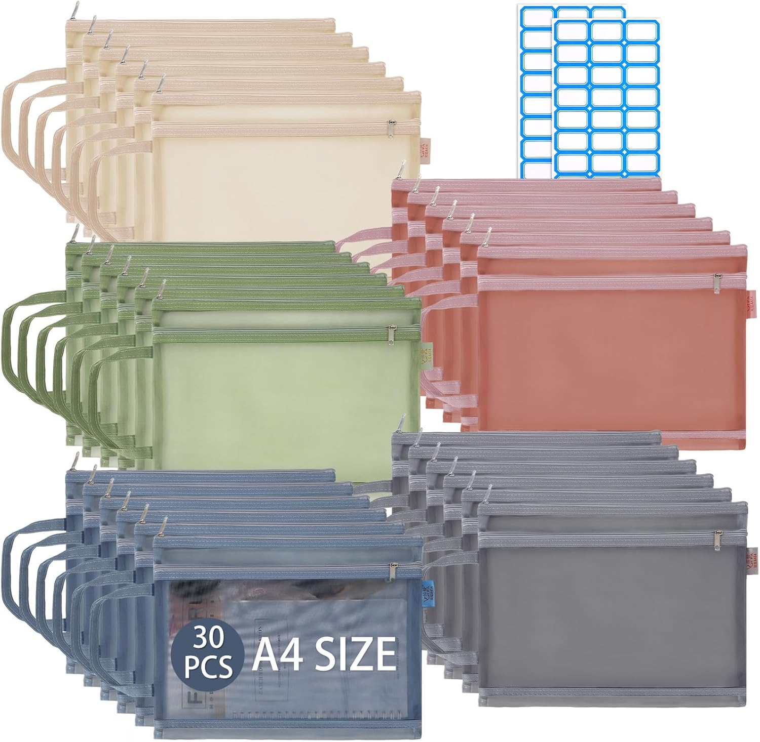 JarThenaAMCS 30Pcs Mesh Zipper Pouch Bags with Sticky Labels Neutral Color Double-Layer Zipper Pouches A4 Size Nylon Mesh Bags for Office School Home Supplies, 13.0 x 9.8inch