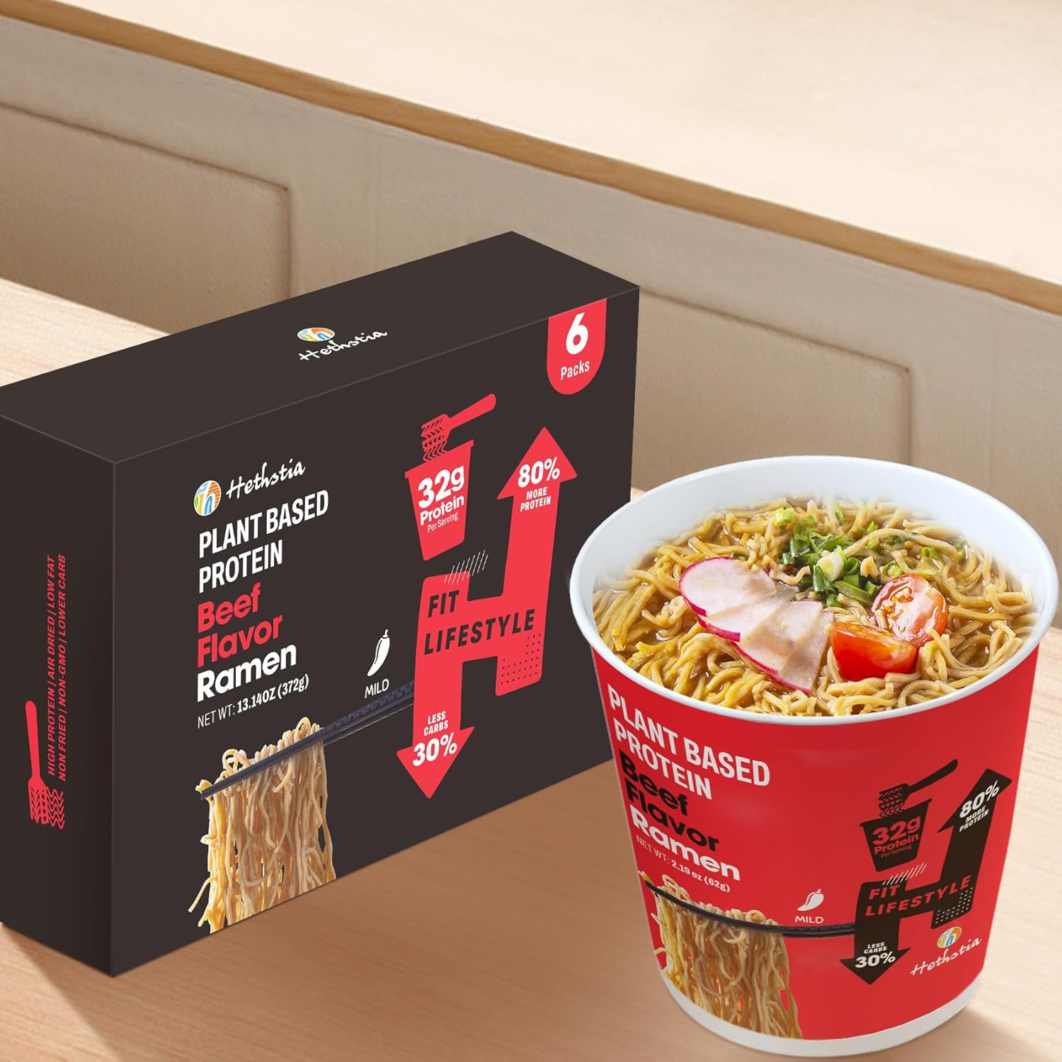 Hethstia High Protein Ramen Cup, Spicy Beef Flavor, 6-Pack Instant Healthy Ramen Soup with 32g Plant Protein, Vegan, Low Carb, Non-GMO, Air-Dried Noodles, Non-Fried, Low Fat Meal