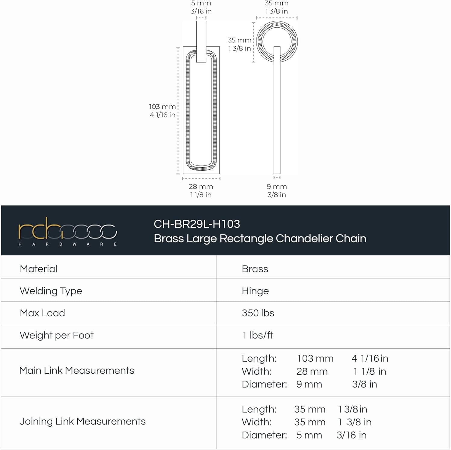 RCH Hardware CH-29L-PB-3 Decorative Large Solid Brass Chain for Hanging, Lighting - Rectangular Hinge with Squared Edges (3 ft/1 Yard)