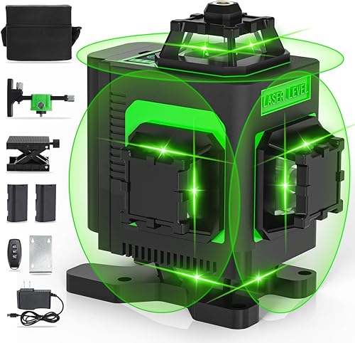 Nivel láser, láser de línea cruzada 4D 4D de 4 x 360 para construcción y colgar imágenes, 130 pies, 16 niveles láser verde 360 autonivelantes con