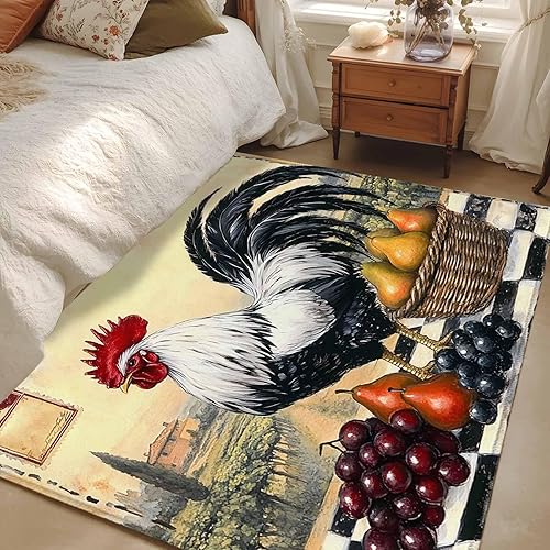 Miniatura 12 de 3ft Round Rug, Rooster Non-Skid Rubber Backing Large Area Rugs - Living Room Bedroom Home Office, Retro Pastoral Animals Watercolor Indoor Floor