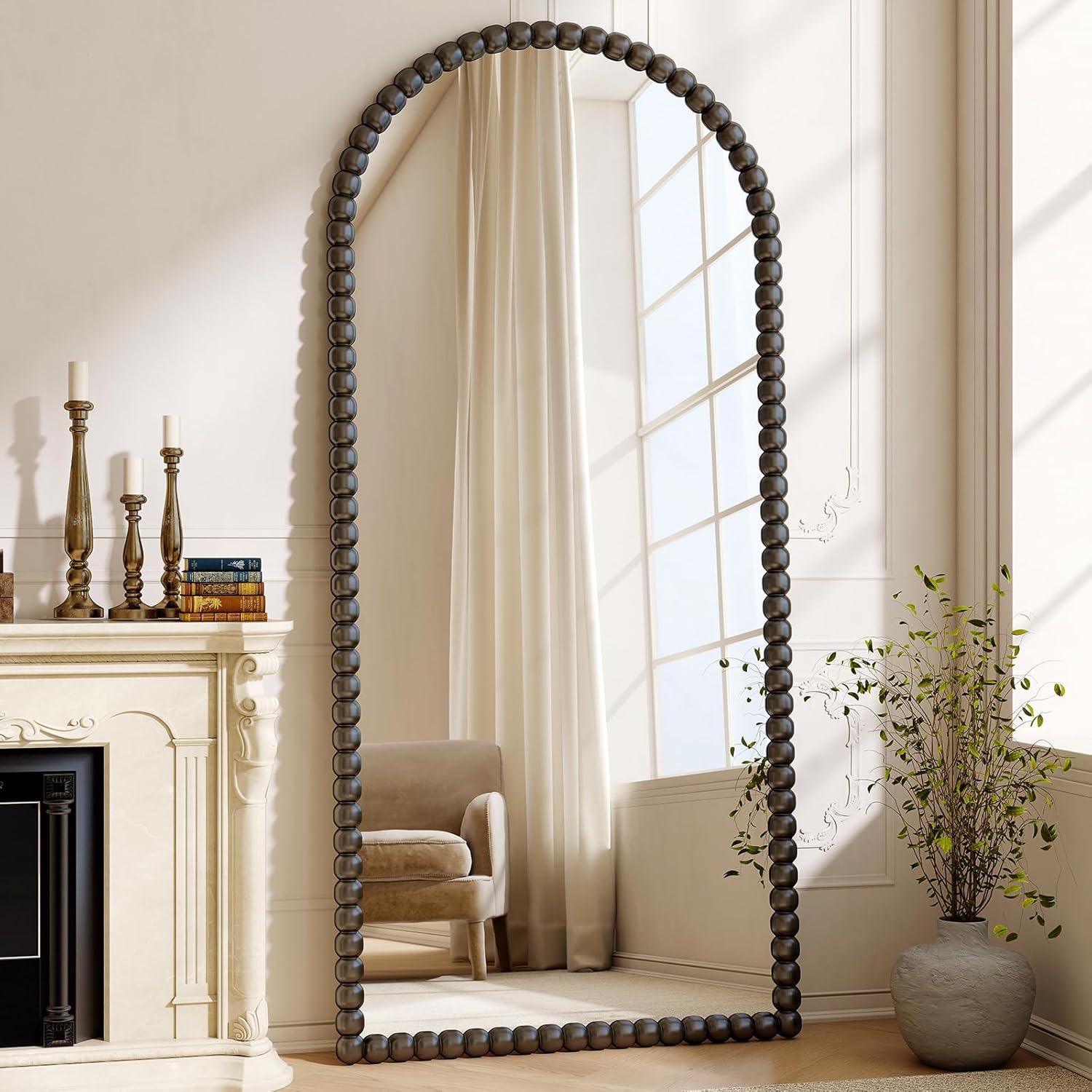 34"x76" Antique Arched Full Length Mirror, Vintage Beaded Decorative Floor Full Body Dressing Mirror as Room Decor Hanging Leaning Standing for Living Room, Bedroom, Vanity Area