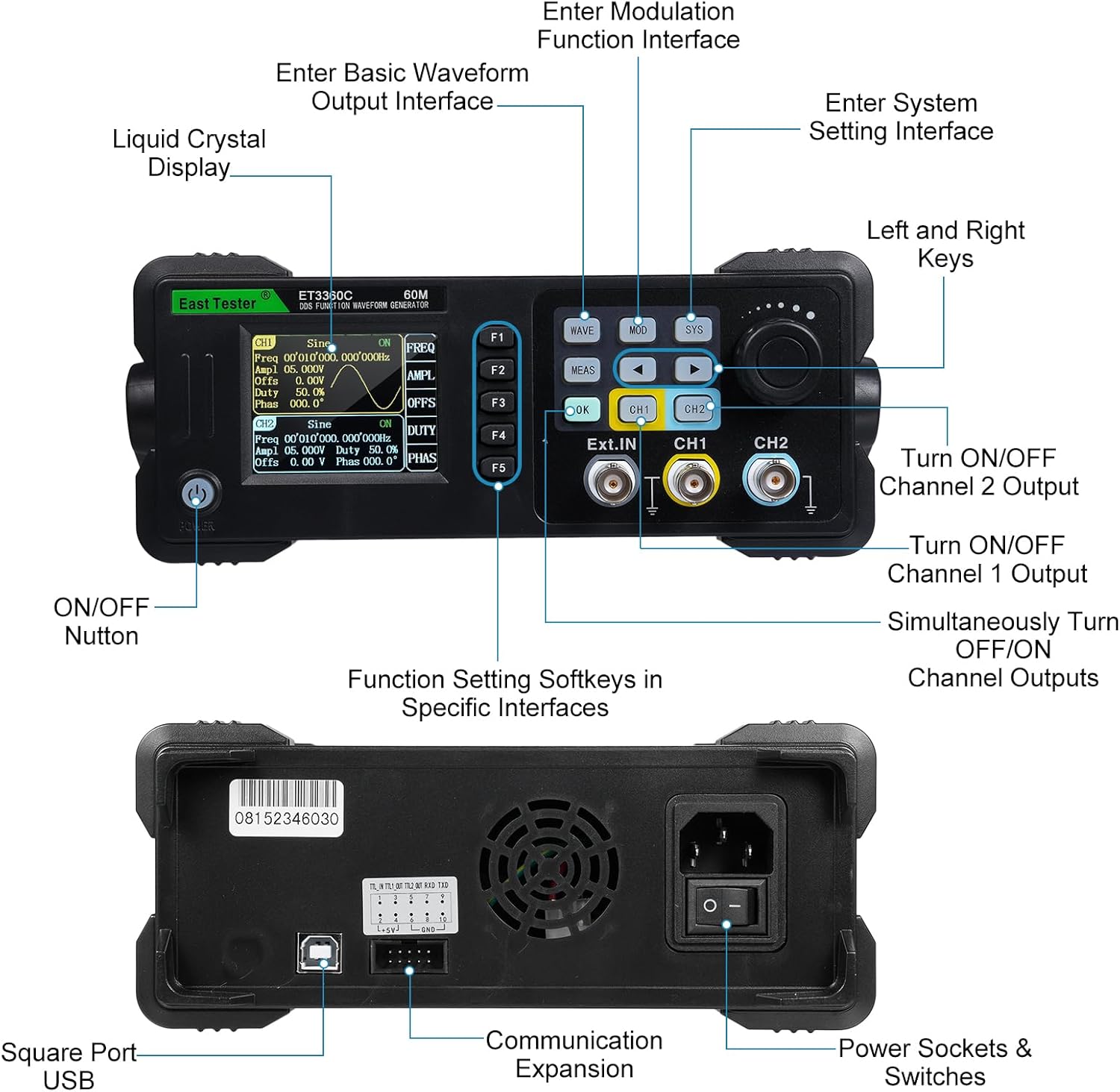 Irfora Two-Channel Function/Arbitrary Form Generator 60 Frequency Meter ET3360C Pulse Signal Source 200MSa/s Sampling Rate