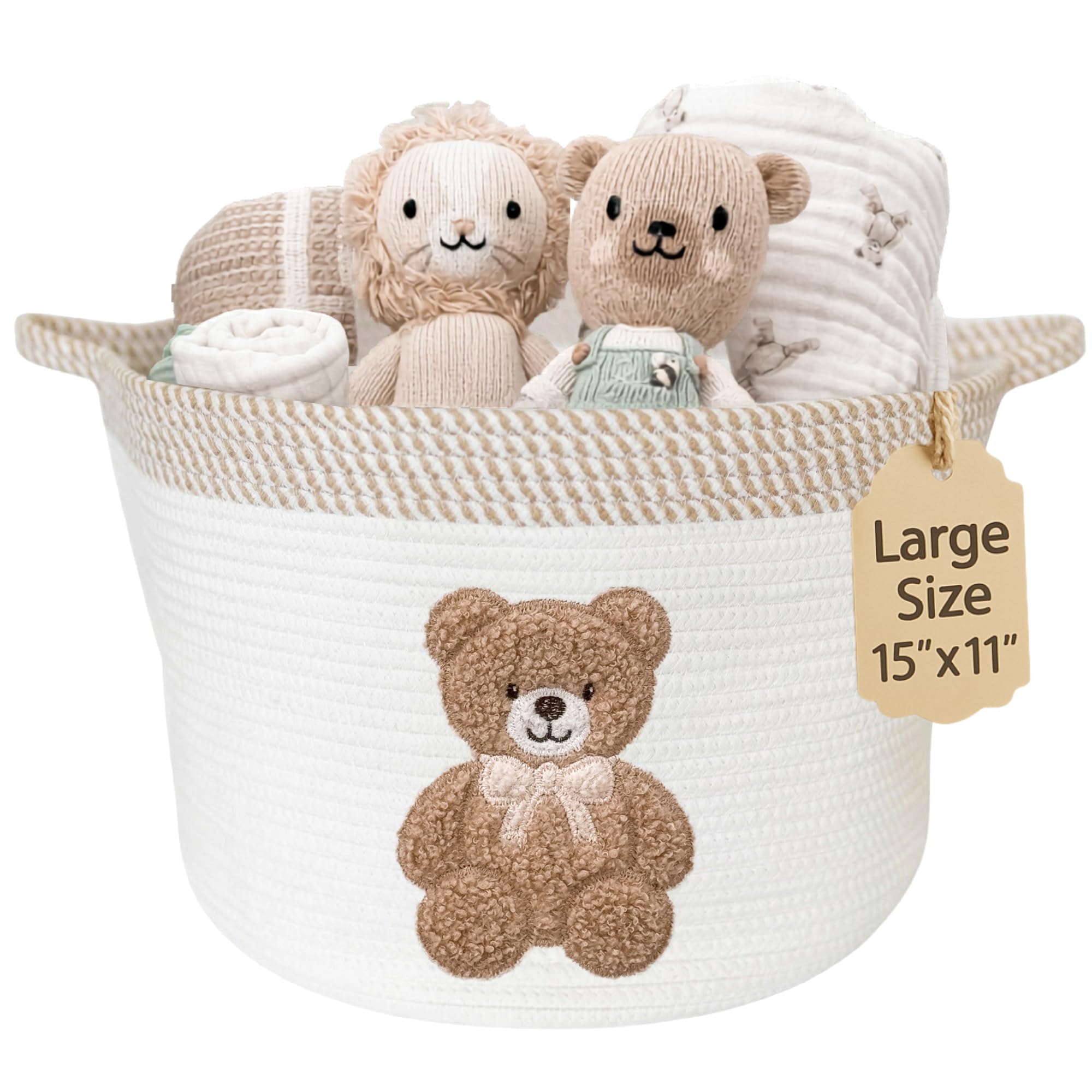 Teddy Bear Storage Basket for Nursery – Large 15"x11" Cotton Rope Bin with Soft Embroidered Bear Patch – Gender Neutral Toy Organizer, Baby Laundry