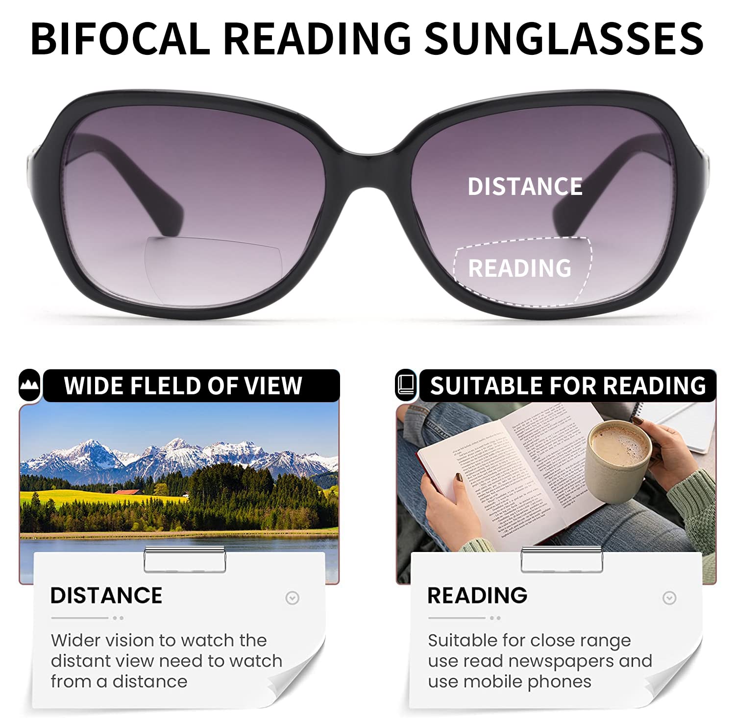 JM Bifocal Reading Sunglasses for Women Vintage Reader Glasses UV Protection Outdoor Black +1.75, Black(200836) - Image 3
