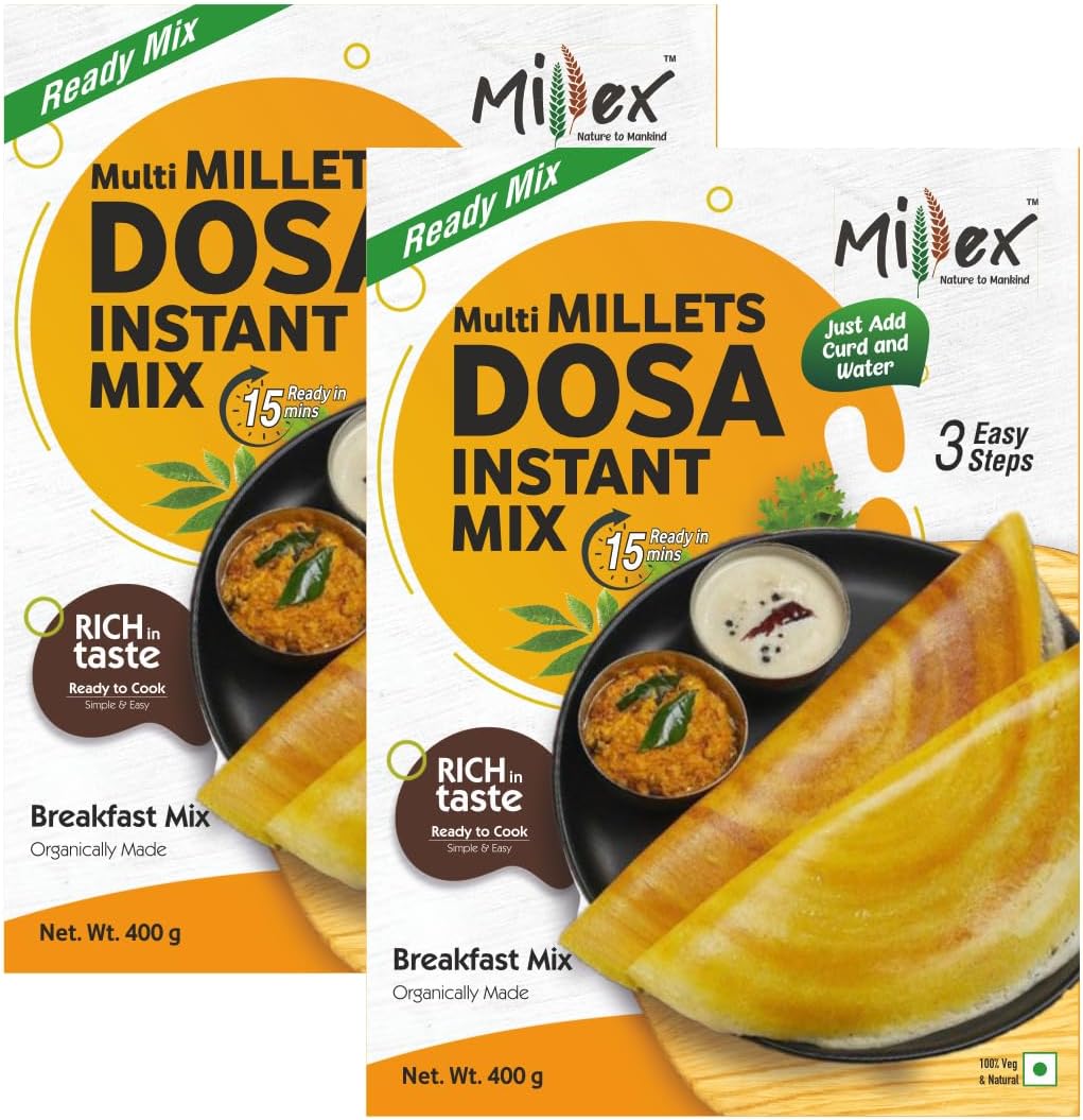 - Millex Multi Millets Dosa Instant Mix,2 X 400g (Pack Of 2)| Organic Instant Breakfast |High Fibre & Protein Ready Mix| Easy & Ready to Cook| Natural & Healthy Quick Dosa| Any time Snacks| Low Fat| Easy & Ready to Cook |No Rice