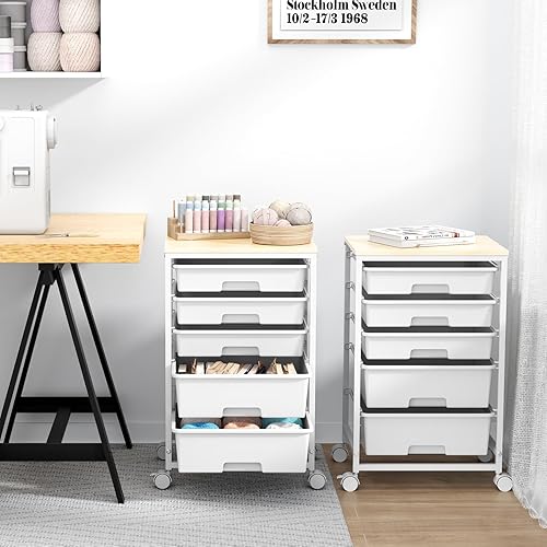 Miniatura 9 de Carrito utilitario con 5 cajones, carrito de almacenamiento con mesa de madera y ruedas con cerradura, carrito rodante de 5 cajones con gran