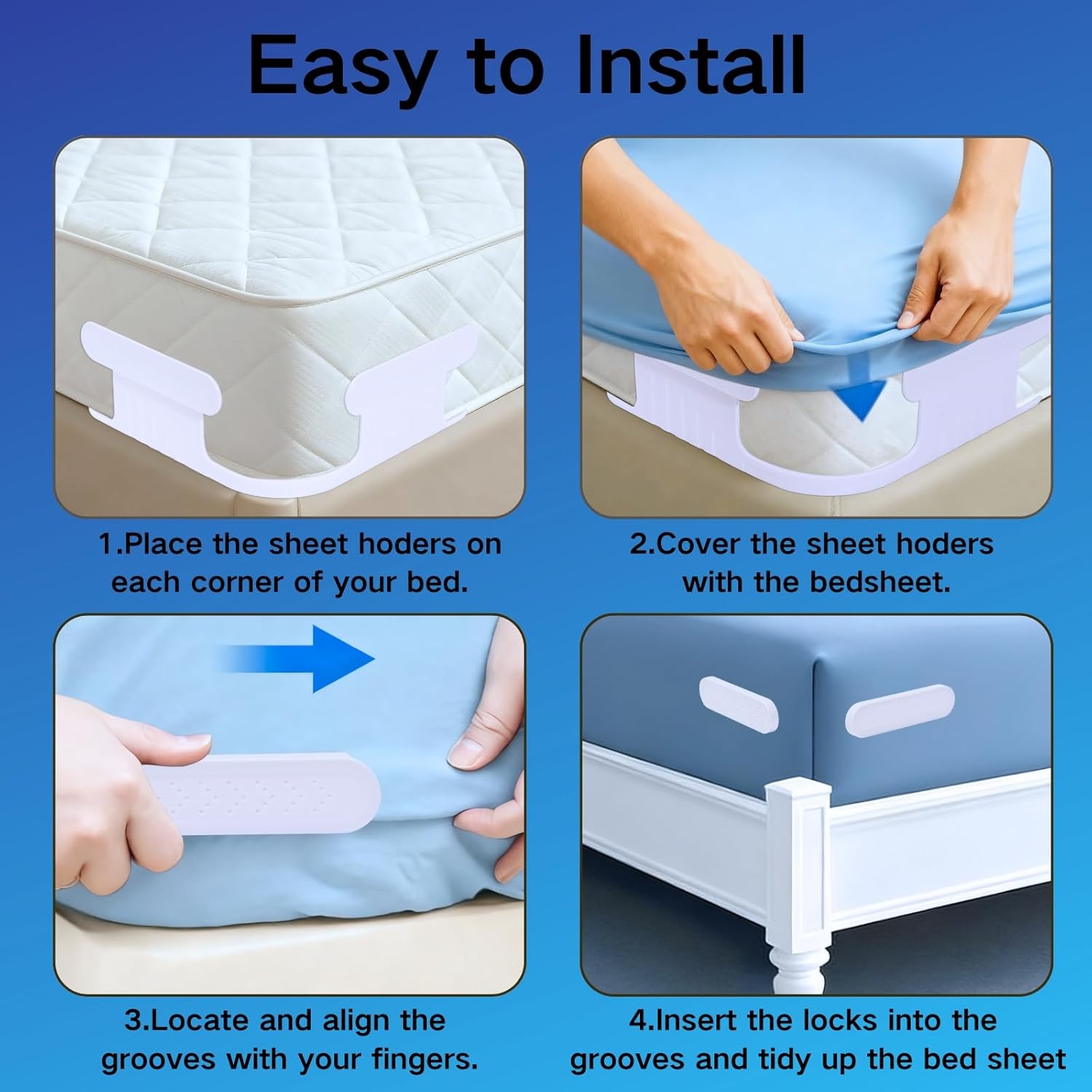 Upgrade Bed Sheet Holders for Corners, Lock Sheet Holders, Fasteners Sheet Keep Sheets Firm & Tight, Durable Heavy Duty Bed Fitted Sheet Clips, Sheet Locks, Fit All Mattress - 4Pcs White