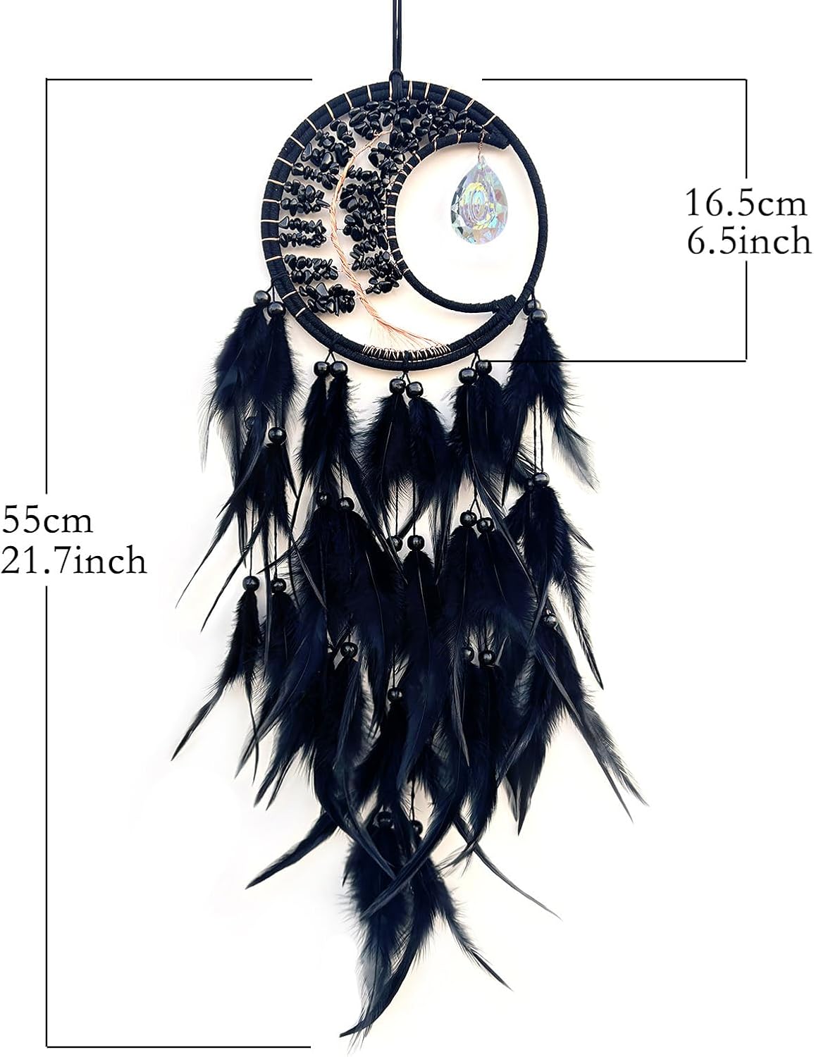 Black Tree of Life Dream Catcher with Crystal Pendant | Handmade, Moon, Wall Decor, Wall Hanging Ornament, Bedroom Living Room Home Decor