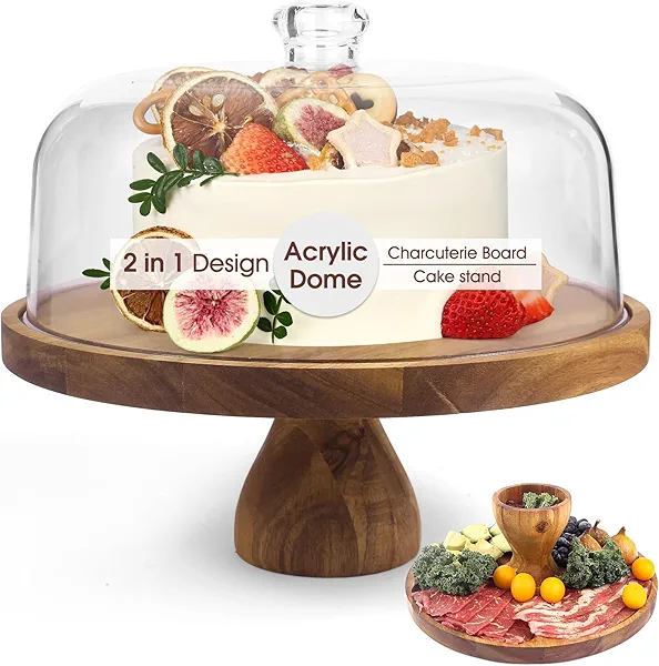 WEIFUTCH Acacia Wood Cake Stand with Lid, 12in Round Cake Holder, 2-in-1 Cake Plates with Acrylic Dome, Dessert Table Display Set for Party Birthday Kitchen Wedding