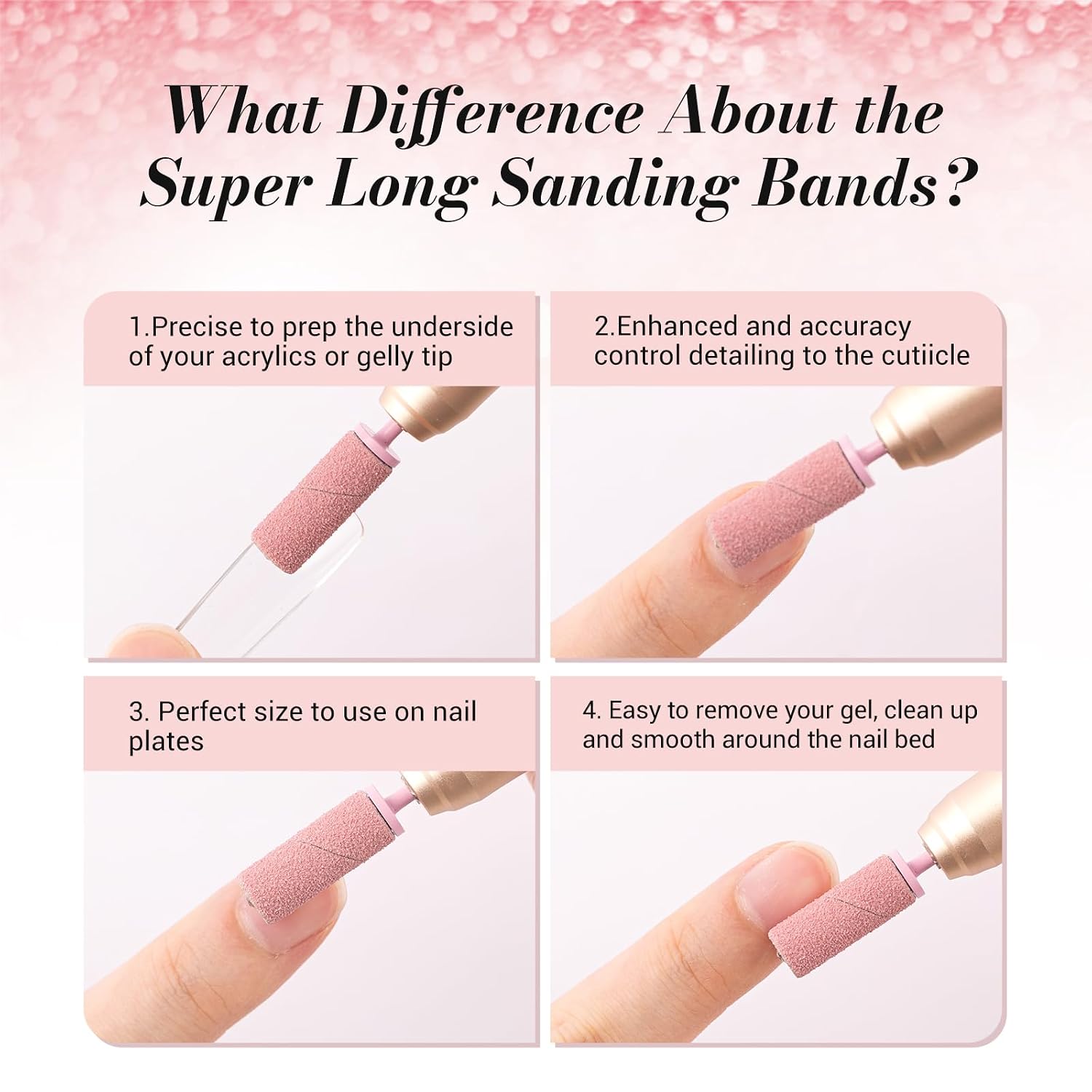 MelodySusie 50 Pcs Nail Drill Bits Super Long Sanding Bands with 6.65mm Crystal Mandrel Bit, 180 Fine Grit Nail File for Acrylic Nails Gel Manicures and Pedicure, Pink