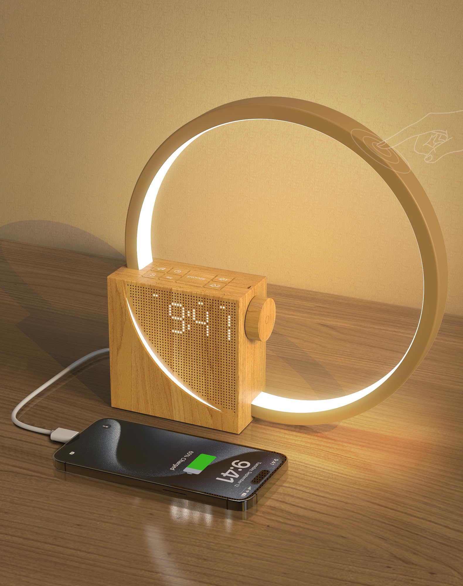 Lampe de Chevet LED avec Réveil, Wake up Light, USB, 3 Modes d'Éclairage, 10 Sons Naturels, Bois