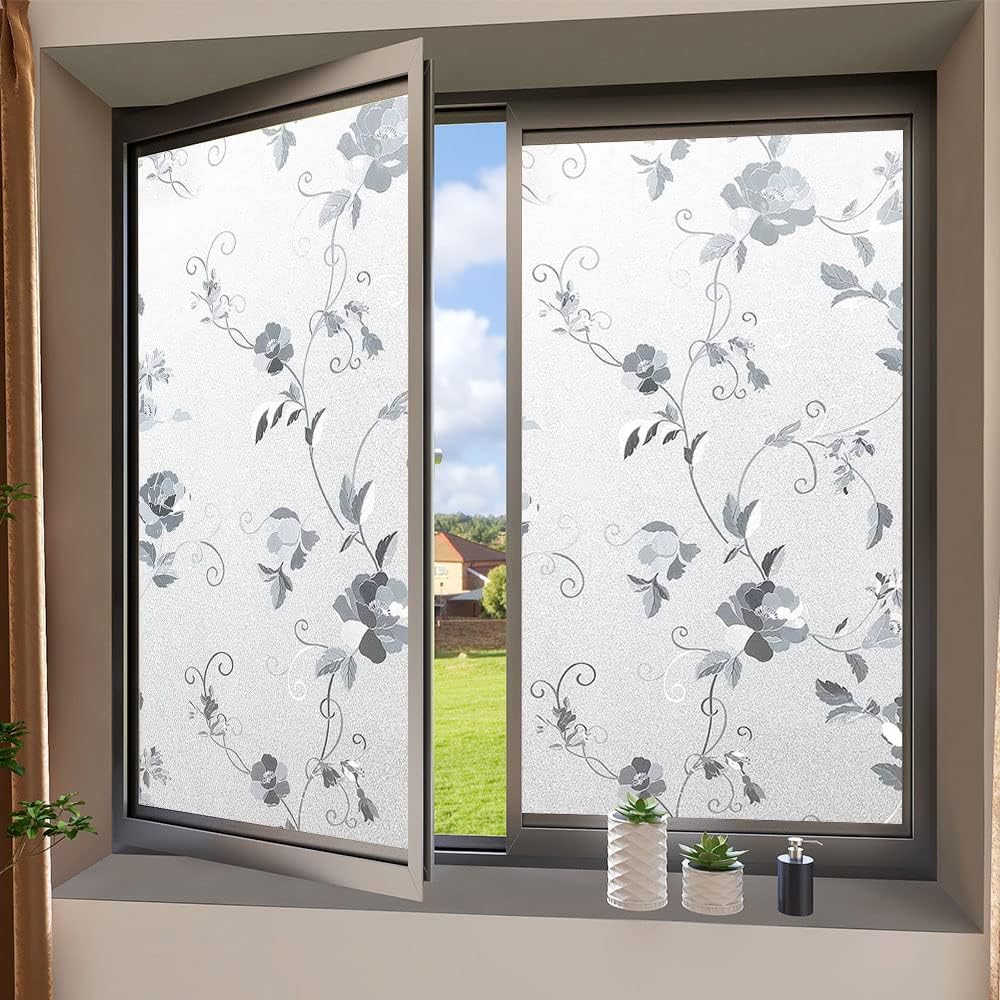 Frosted Window Privacy Film, Static Cling Decorative Glass Film, Anti UV Window Film Non-Adhesive Window Cling, Peony Flower, 23.6 x 78.7 inches