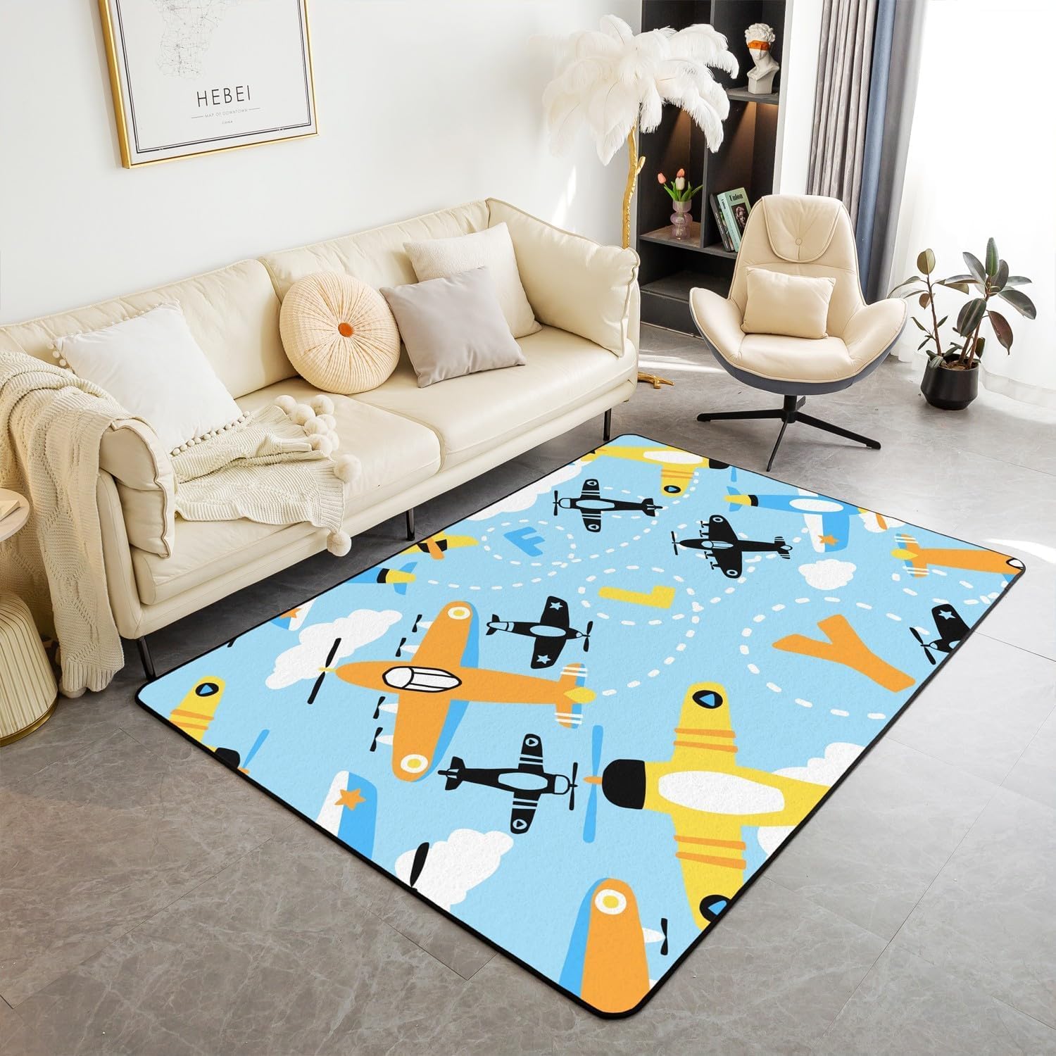 Tapis de salon pour enfants motif avion 3D avec finitions soignées 100x150cm
