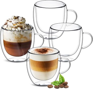 8oz Double Walled Glass Coffee Mugs with Handle, Clear Cappuccino Glass Mug Set of 4, Insulated Layer Coffee Cups, Clear Borosilicate Glass Mugs, Glasses Espresso Mugs for Coffee