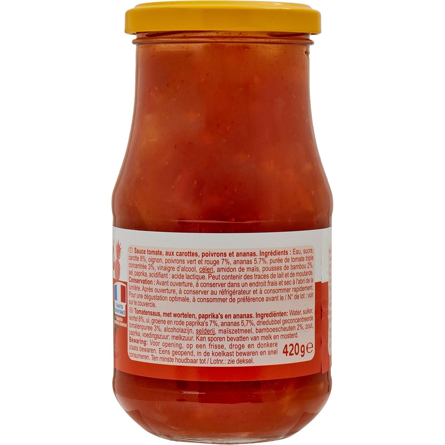 CARREFOUR CLASSIC' - Sauce Aigre Douce - Aux Carottes, Ananas et Poivrons · Tomates Origine France · Parfaite pour Pâtes, Riz & Plats Cuisinés - Le Pot de 420g - Le Lot De 4