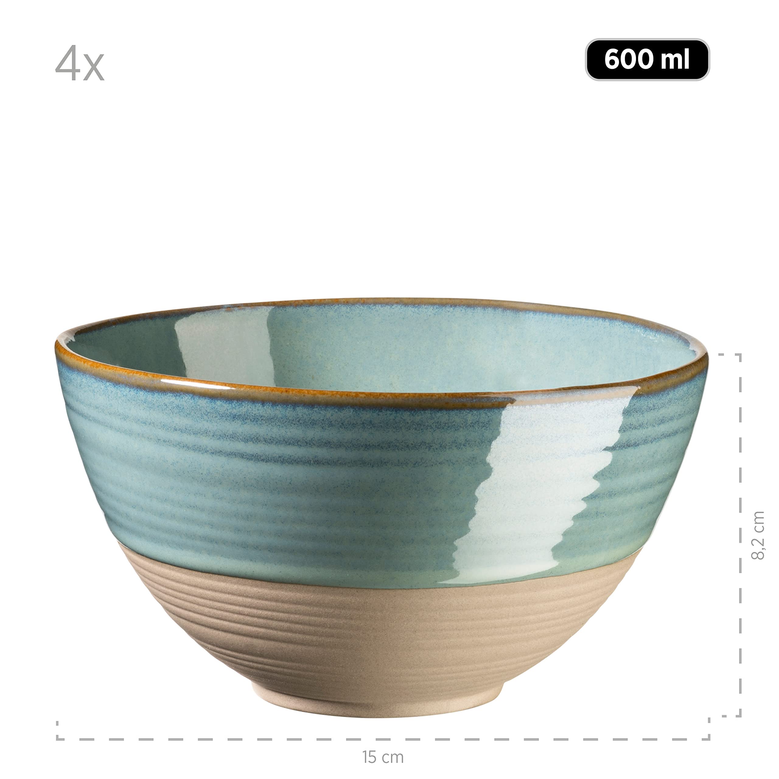 MÄSER Série Nottingham Lot de 4 bols à céréales avec jeu de lignes en filigrane et glaçure élégante, 4 bols en céramique au look vintage moderne, grès, beige