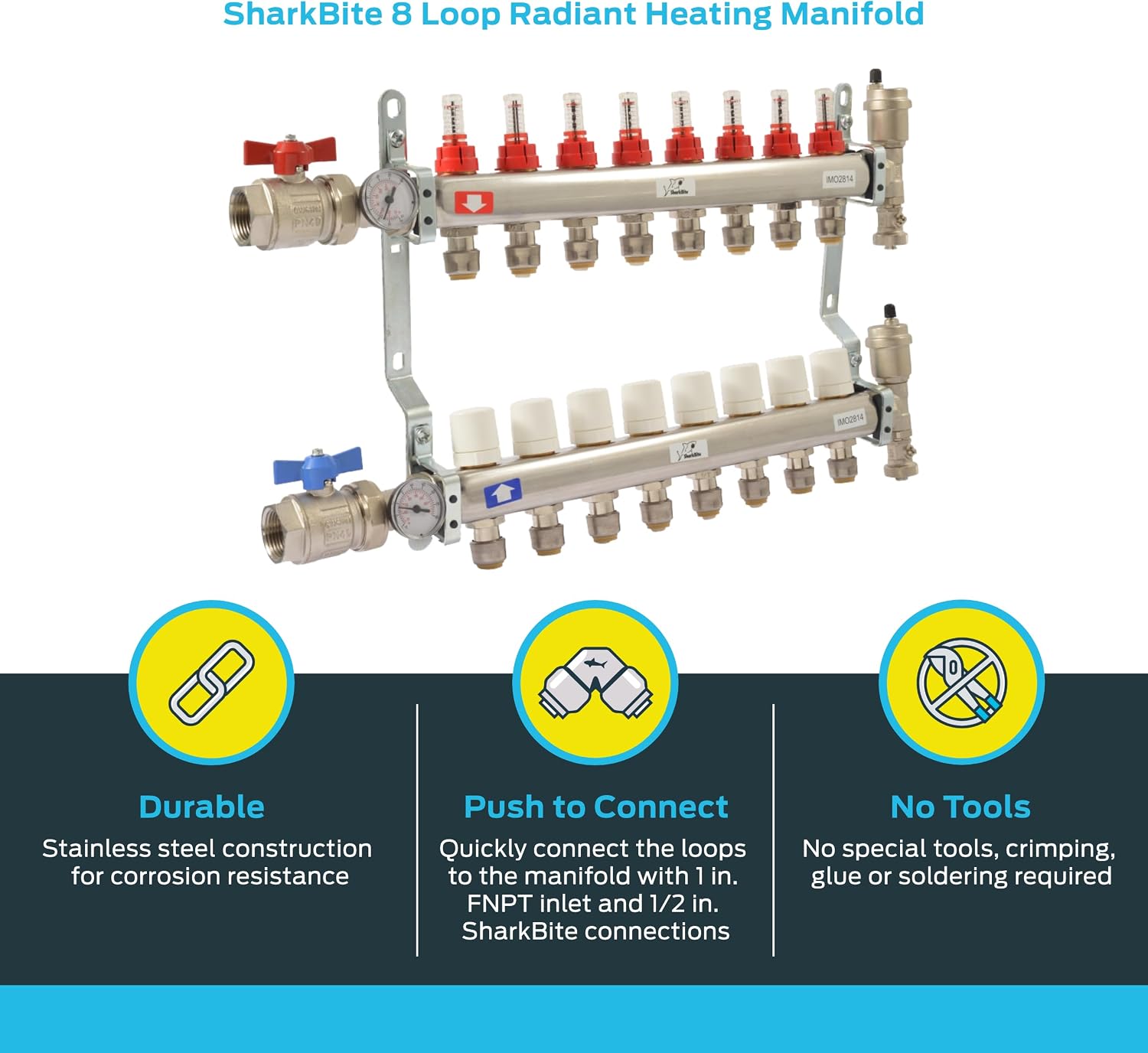 SharkBite 8 Loop Radiant Heating Manifold, Push to Connect Brass Plumbing Fitting, PEX Pipe, PE-RT, 24935