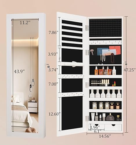 Miniatura 5 de BOSTANA Organizador de joyas, armario de joyería con puerta de espejo de pared o montado, espejo con cerradura con almacenamiento de 2 cajones,