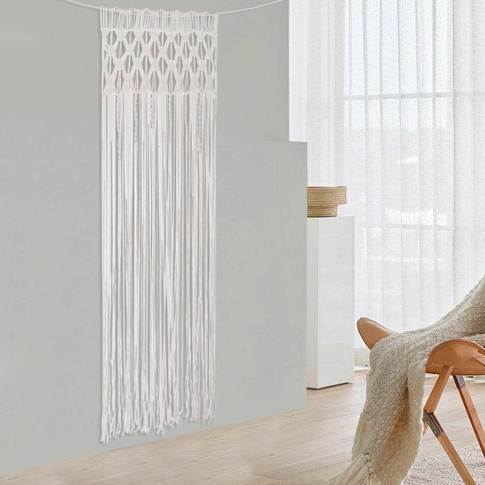 Rideau en macramé, 203 x 74 cm, rideau de porte bohème, rideau de fenêtre pour rideau décoratif et séparateur de pièce (beige)