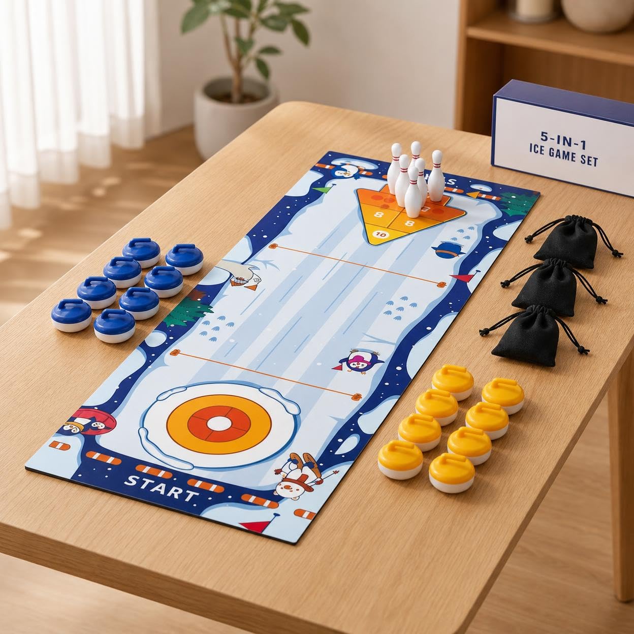 Jeu Table, Tapis Jeu Portable 4-en-1 &, Bowling & Serpents et Échelles pour Famille, Enfants, 5-en-1 Édition Limitée
