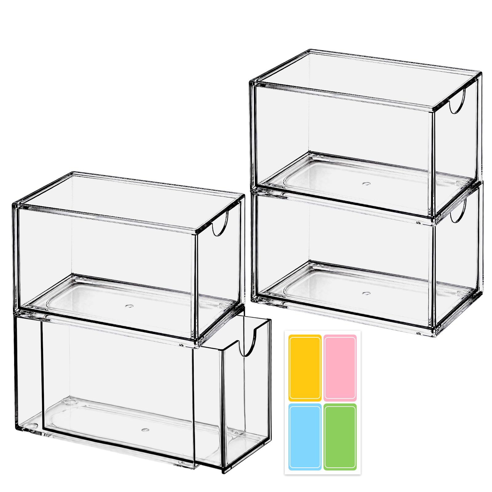 Yuaerbuo 4 Pack Stackable Storage Drawers, Acrylic Organiser, Acrylic Drawer Organiser, Plastic Drawer Organiser, Stackable Drawers for Kitchen, Bathroom, Desk, Office, 16.5 x 7.8 x 10cm-with 4 Labels