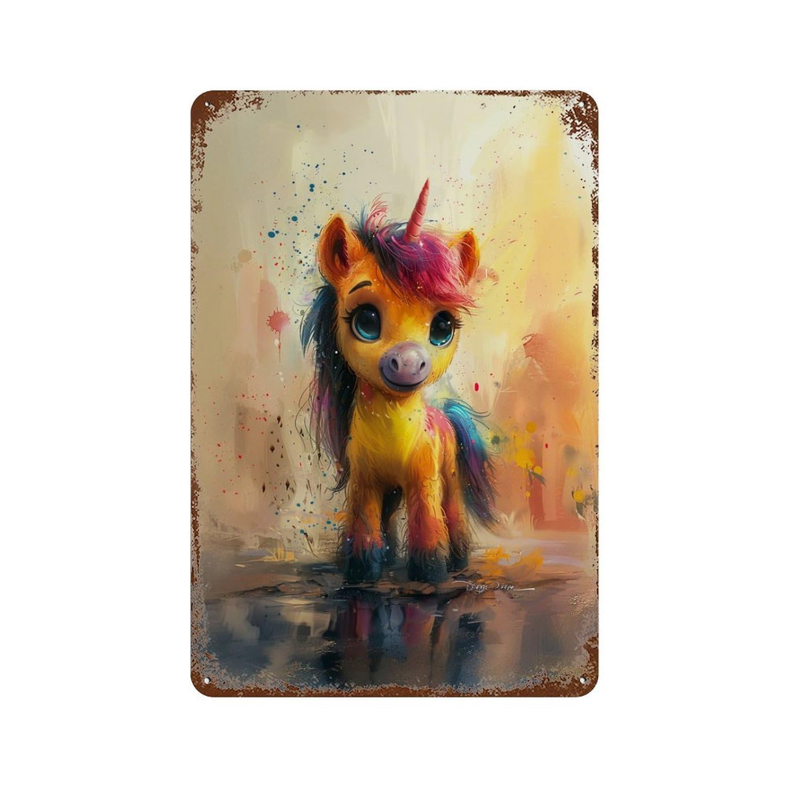 Rust Effect Colorful Fantasy Unicorn Art Aged Metal Wall Plaque 11.8"x7.9", Shabby Chic Decor for Living Room, Hallway And Home Decor