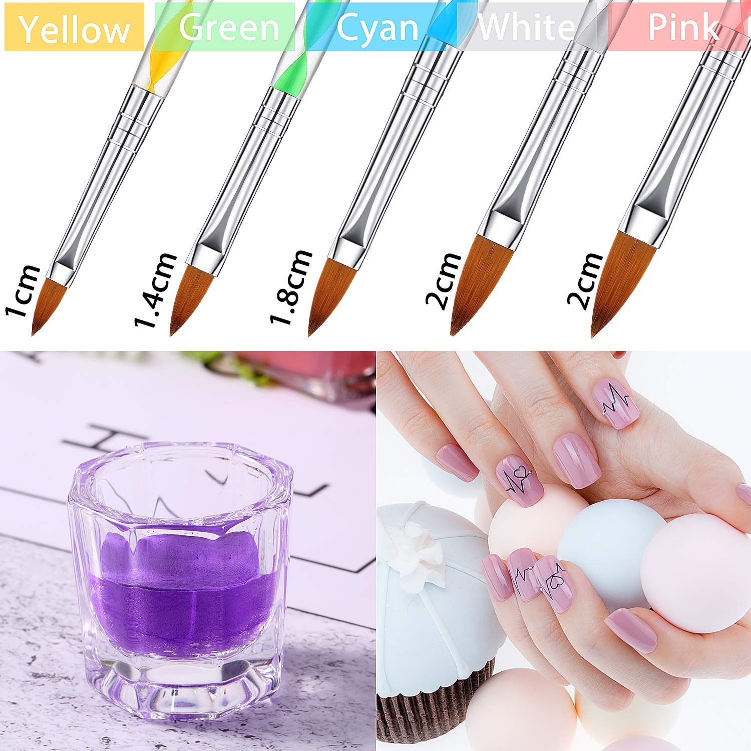 D.B.Z.® 5 Pc Acrylic Brush Design 3D Painting Drawing UV Gel With 2 Pc Nail Art Clear Glass Crystal Cup Bowl Dappen Dishes for Nail Art DIY 4