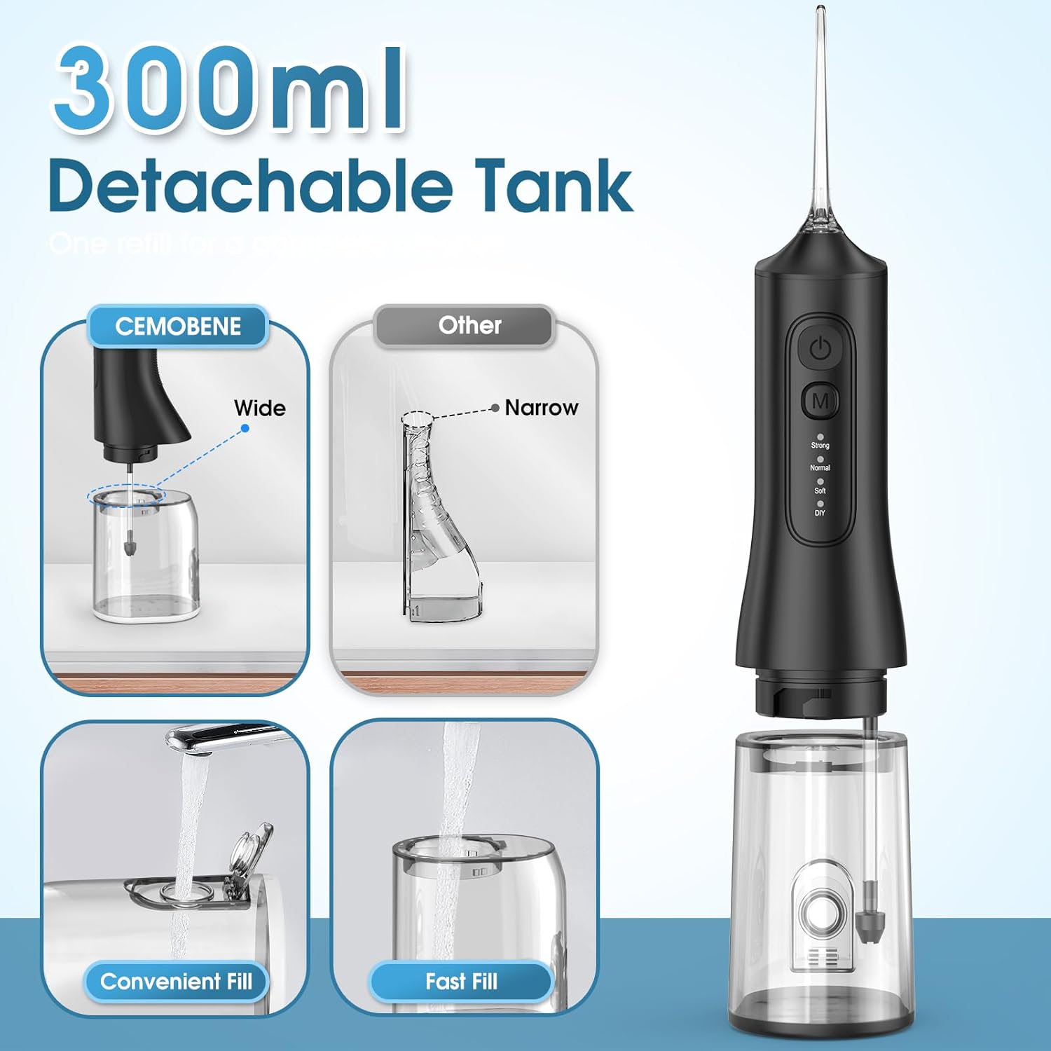 Water Flosser, Rechargeable 300ML IPX7 Waterproof Cordless Portable Oral Irrigator with 4 Modes & 6 Replaceable Jet Tips-Professional Flossing Cleaner for Daily Home Use,Travel,Gums,Braces Care-Black