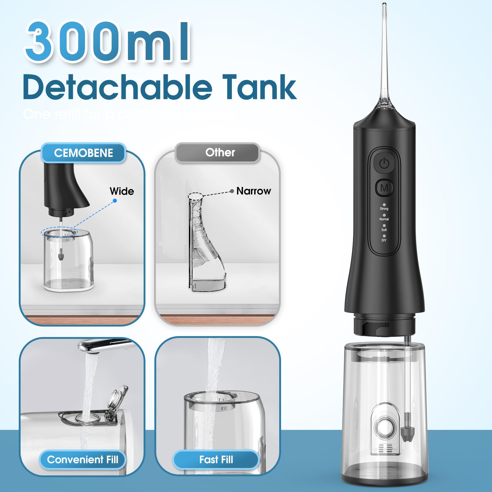 Irrigador bucal recargable de 300 ml, IPX7, impermeable, inalámbrico, portátil, con 4 modos y 6 puntas de chorro reemplazables, limpiador profesional de hilo dental para uso diario en el hogar, viajes