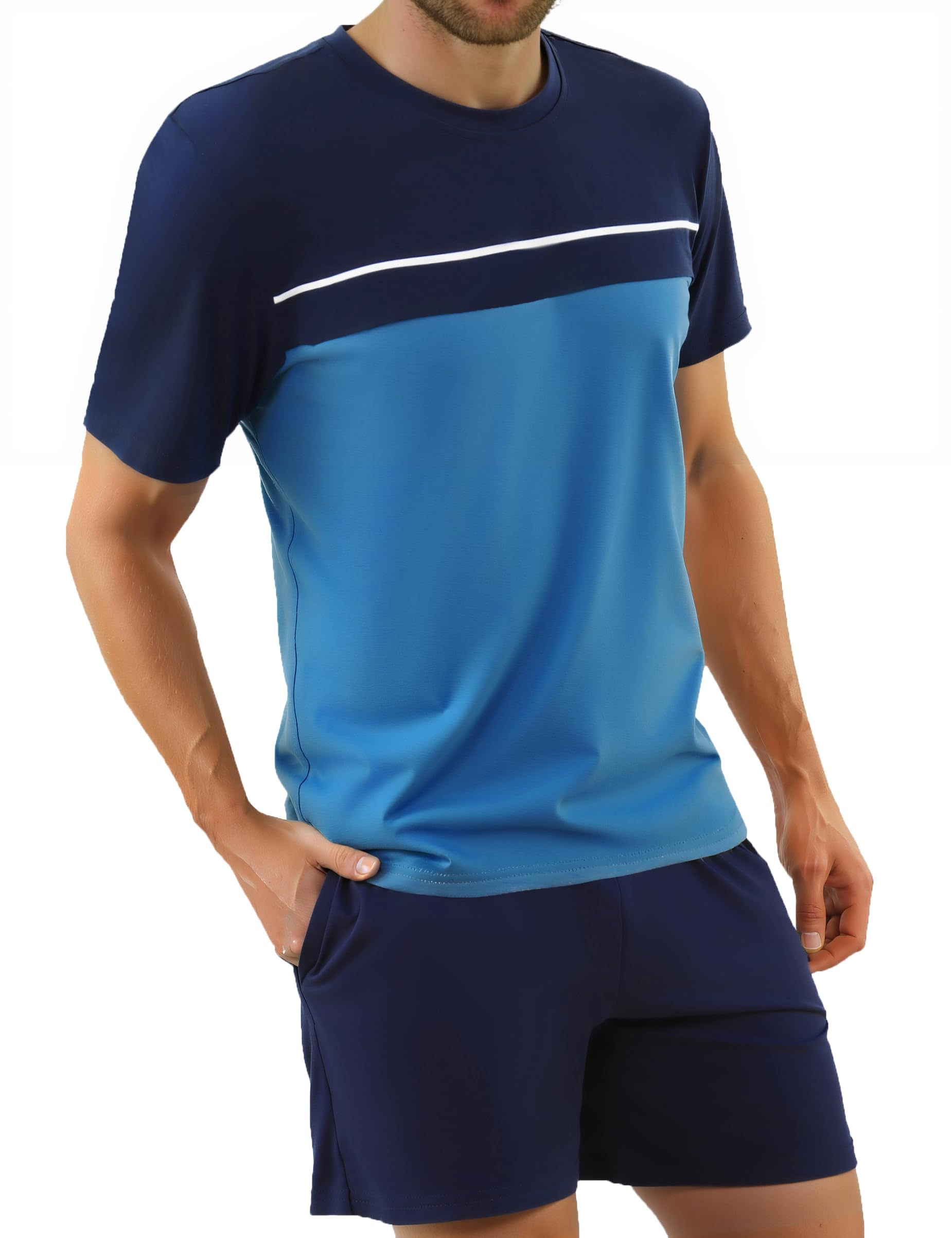 Bresdk Schlafanzug Herren Kurz Baumwolle Kurzarm Pyjama Set Zweiteiliger Shorty Nachtwäsche mit T-Shirt und Shorty Schlafanzughose Männer Hausanzug