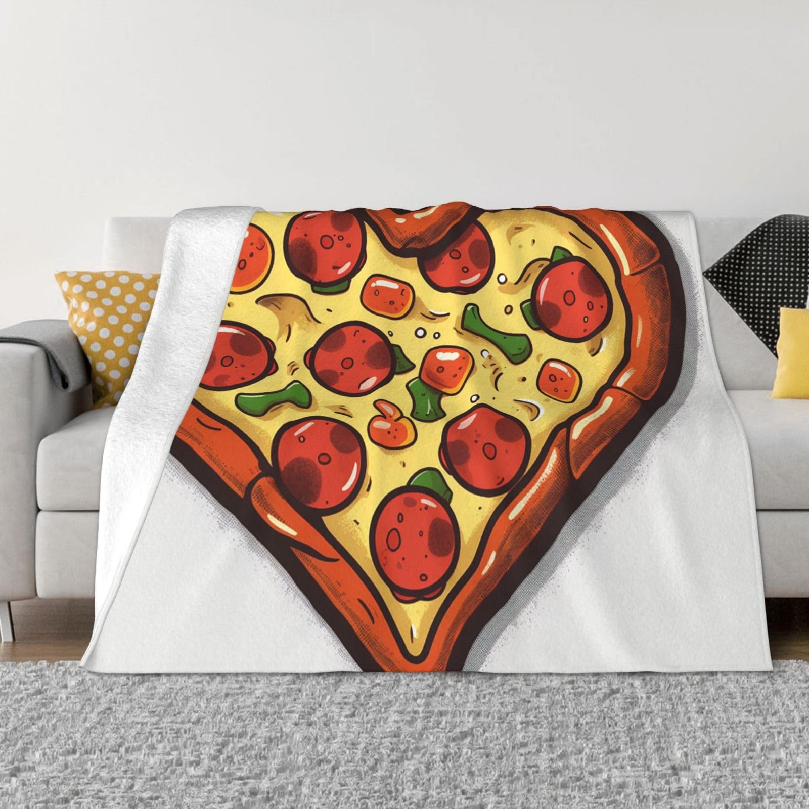 Jeté de lit en polaire flanelle pour canapé couverture douce imprimé pizza cœur cocooning