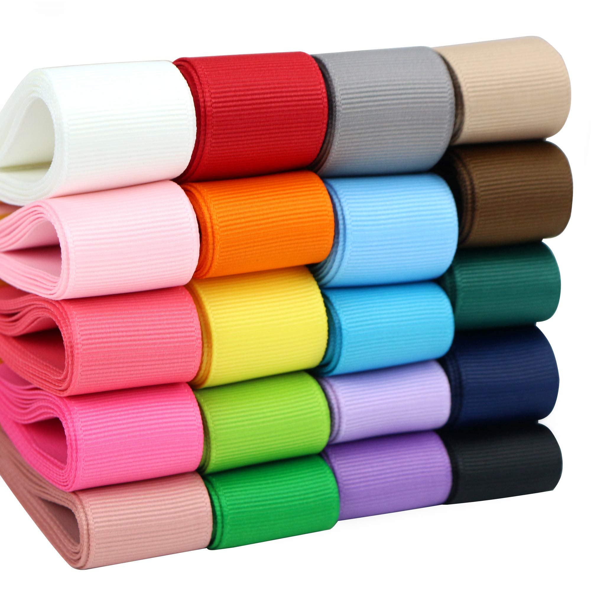 Grosgrain Ribbon 1 inch Ribbon 20 Solid Color Assortment, 1" X 2 Yard Each, Total 40 Yds Per Package, Thin Grosgrain Thick Fabric Ribbons for Crafts, Hair Bow Supplies
