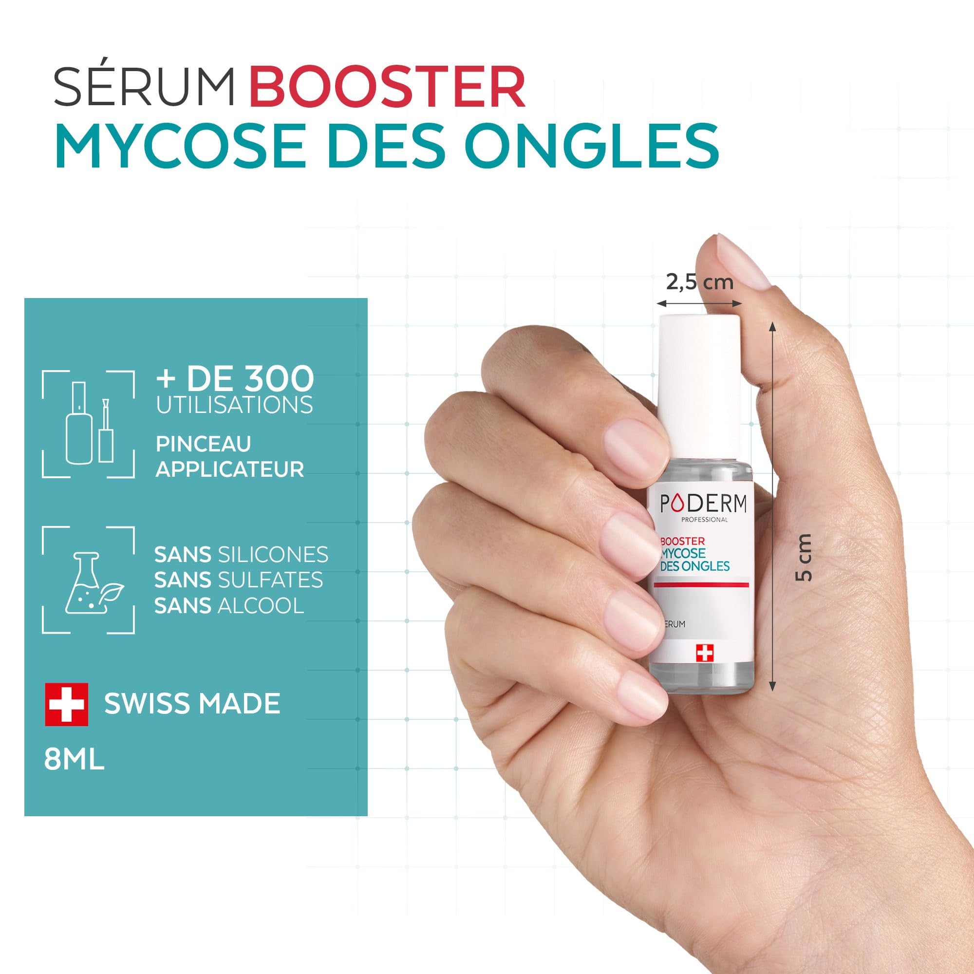 PODERM Mycose Ongles Booster + Vernis à Ongles Rouge Rose | Accélère la guérison des mycoses | Renforce, Répare et camoufle les ongles jaunes et abîmés | Créé par un podologue – Swiss Made