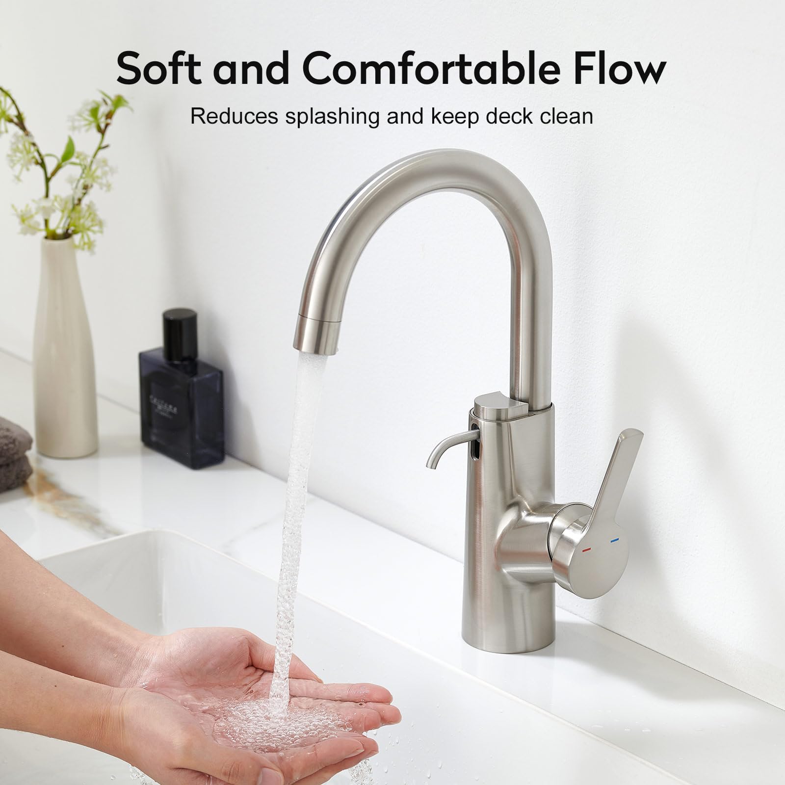 Rubinetto per Lavabo da Bagno con Distributore di Sapone, Miscelatore Monocomando, spazzolato