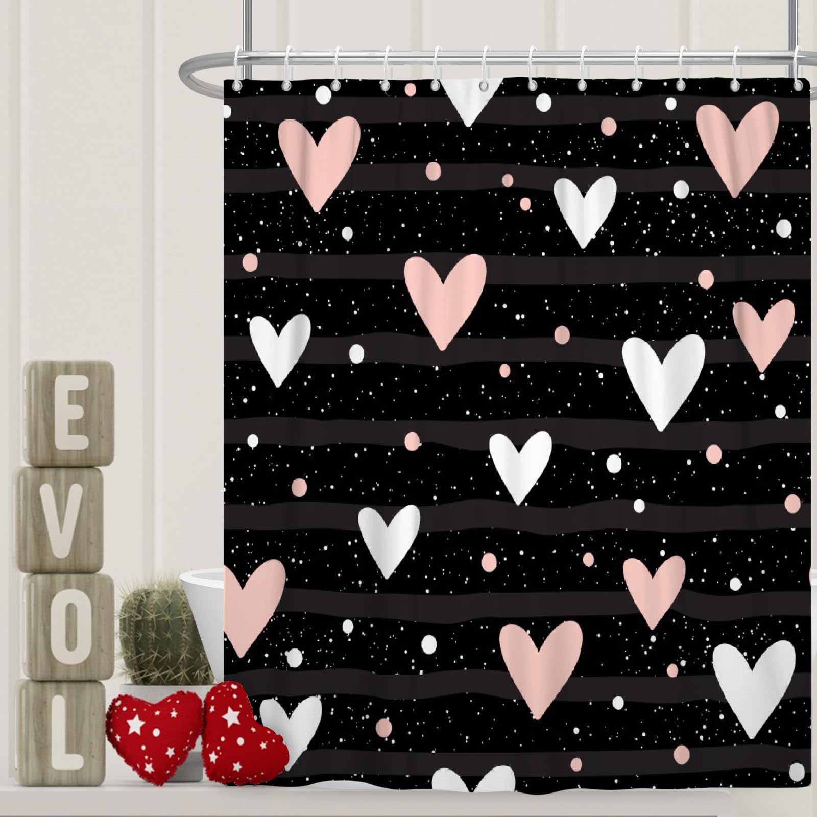 Uiiooazy Valentine's Shower Curtain for Bathroom 72x72 inches Pink White Hearts Waterproof Fabric Stall RV Bathtub Decor Polka Dots Decoration Hotel Room Divider Shower Curtains Set with Hooks