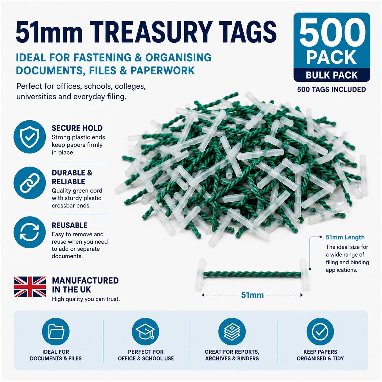 Lot de 500 étiquettes de trésorerie de 51 mm – Fabriquées au Royaume-Uni, cordon vert, extrémités en plastique