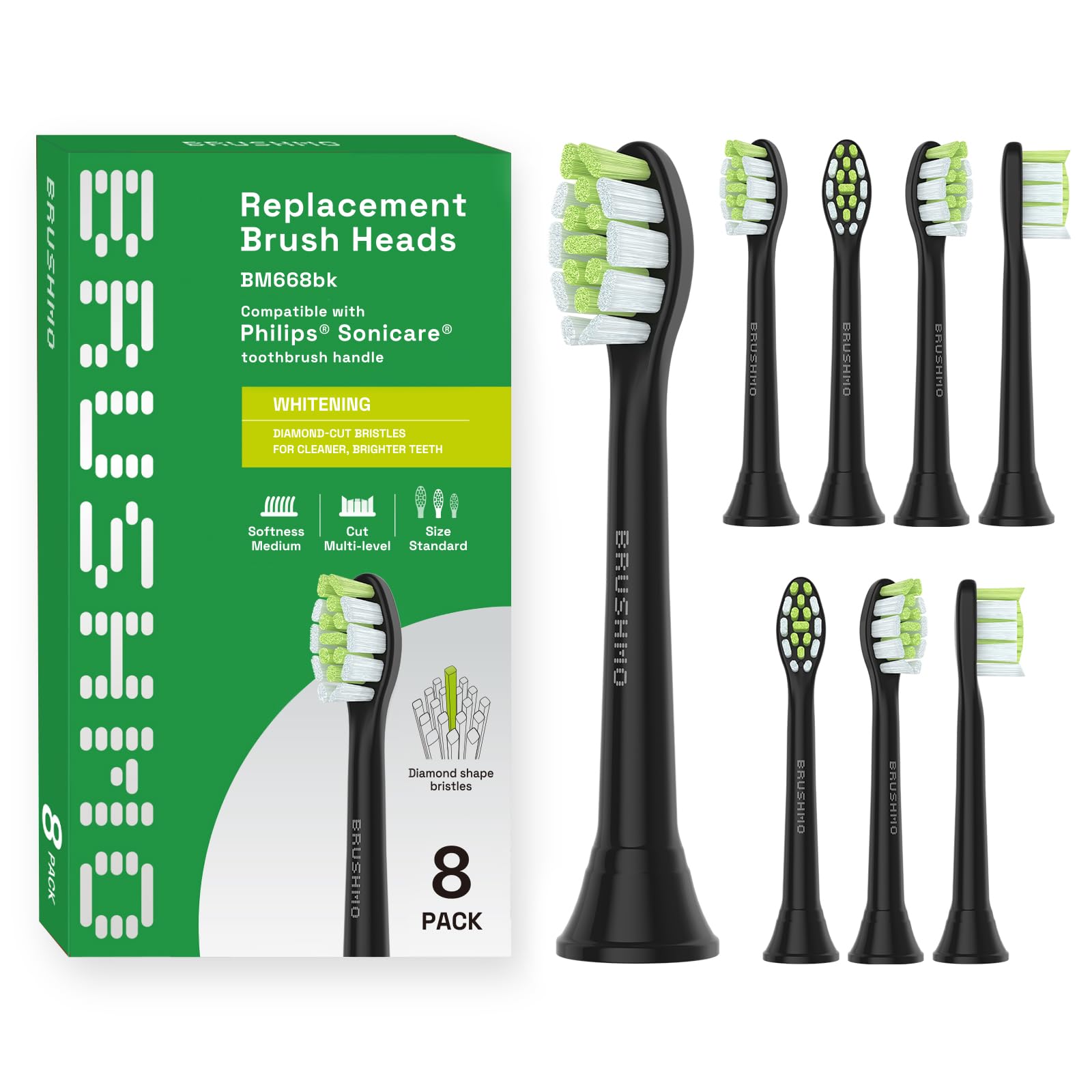 Brushmo Ersatzbürsten Kompatibel mit Philips Sonicare Elektrische Zahnbürste, schwarz, 8er-Pack (Modell BM668bk)