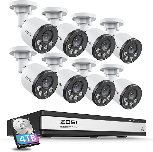 ZOSI 4K 16CH PoE Security Camera System with Audio, Night Vision, Smart Human Detection, Motion Alerts, 8pcs Outdoor Indoor PoE Wired Cameras, 16 Channel 4K 8MP NVR with 4TB HDD for 24/7 Rec